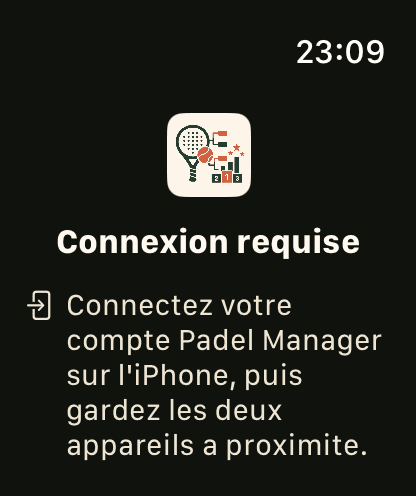 Écran Apple Watch PadelOn demandant la connexion